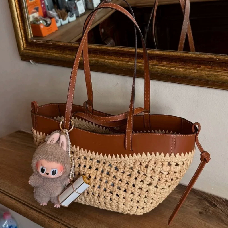 2026年夏 ホローアウトラフィアとPUレザーの普段使いバッ - Women'S Raffia Bags のレビューと価格